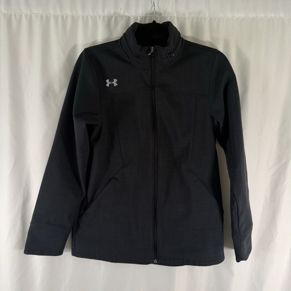 Under Armour Soft Shell Jacket Women's Small Black Full Zip Stowaway Hood Lined